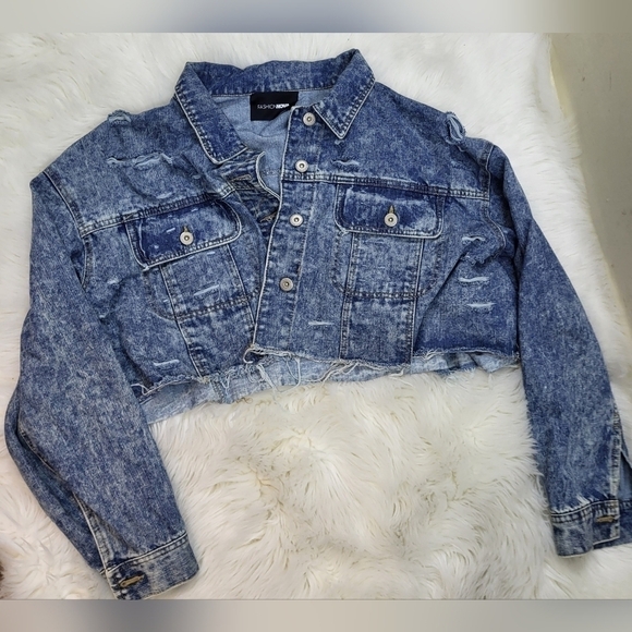 Fashion Nova's Distressed Designer Style Crop Jean Jacket - Picture 3 of 6